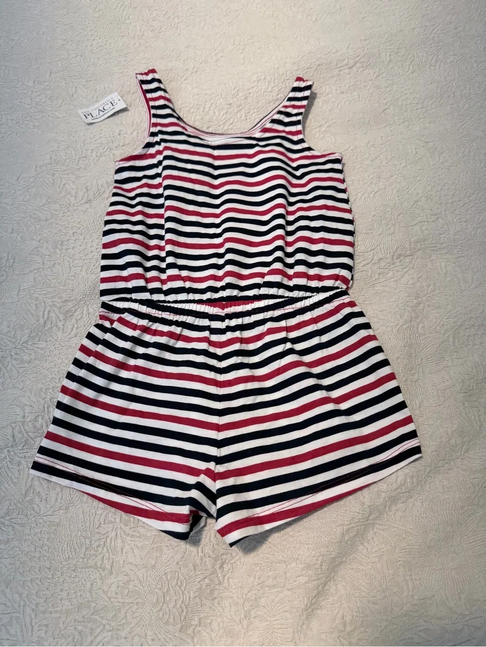 The Children's Place Navy and White Striped Romper with Red Sequin Star